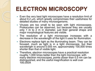 ELECTRON MICROSCOPY
 Even the very best light microscopes have a resolution limit of
about 0.2 μm, which greatly compromises their usefulness for
detailed studies of many microorganisms.
 Viruses are too small to be seen with light microscopes.
Prokaryotes can be observed, but because they are usually
only 1 m to 2 m in diameter, just their general shape and
major morphological features are visible.
 The resolution of a light microscope increases with a
decrease in the wavelength of the light it uses for illumination.
 Electrons replace light as the illuminating beam. They can be
focused, much as light is in a light microscope, but their
wavelength is around 0.005 nm, approximately 100,000 times
shorter than that of visible light.
 Therefore, electron microscopes have a practical resolution
roughly 1,000 times better than the light microscope; with
many electron microscopes, points closer than 0.5 nm can be
distinguished, and the useful magnification is well over
100,000X
 