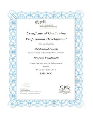 Certificate of process validation -pti