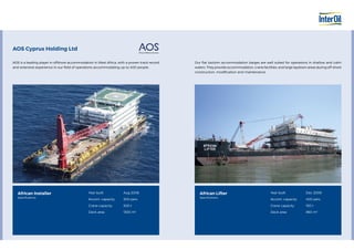 AOS is a leading player in offshore accommodation in West Africa, with a proven track record
and extensive experience in our field of operations accommodating up to 400 people.
AOS Cyprus Holding Ltd
Our flat bottom accommodation barges are well suited for operations in shallow and calm
waters. They provide accommodation, crane facilities, and large laydown areas during off-shore
construction, modification and maintenance.
African Installer
Specifications
Year built
Accom. capacity
Crane capacity
Deck area
Aug 2008
300 pers.
300 t
1300 m2
African Lifter
Specifications
Year built
Accom. capacity
Crane capacity
Deck area
Dec 2009
400 pers.
150 t
960 m2
 