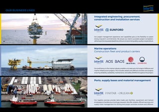 OUR BUSINESS LINES
Our proficiency in the marine industry enables us to execute a full range of offshore and
marine infrastructure projects. This includes vessels and offshore activities and projects
ensuring reliability, availability, maintenance, and safety (RAMS) throughout the project.
Integrated engineering, procurement,
construction and installation services
Marine operations
Construction fleet and product carriers
Ports, supply bases and material management
Our project management experience and capabilities give us the flexibility to sustain
strong, long-term commitments. We ensure our client’s successful project completion,
adheringtotherequesteddeadlineswithoutcompromisingsafety,qualityorexpenditure.
Our logistics services provide tailor-made port facilities, equipment and trained
employees to handle any oil and gas requests. We offer reliable, efficient services and
supply chain management for drilling and project activities onshore and offshore.
 