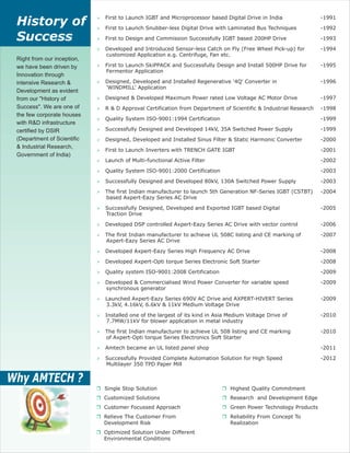 First to Launch IGBT and Microprocessor based
First to Launch Snubber-less Digital Drive with Laminated Bus Techniques -1992
First to Design and Commission Successfully IGBT based 200HP Drive -1993
Developed and Introduced Sensor-less Catch on Fly (Free Wheel Pick-up) for -1994
customized Application e.g. Centrifuge, Fan etc.
First to Launch SkiPPACK and Successfully Design and Install 500HP Drive for -1995
Fermentor Application
Designed, Developed and Installed Regenerative '4Q' Converter in -1996
'WINDMILL' Application
Designed & Developed Maximum Power rated Low Voltage AC Motor Drive -1997
R & D Approval Certification from Department of Scientific & Industrial Research -1998
Quality System ISO-9001:1994 Certification -1999
Successfully Designed and Developed 14kV, 35A Switched Power Supply -1999
Designed, Developed and Installed Sinus Filter & Static Harmonic Converter -2000
First to Launch Inverters with TRENCH GATE IGBT -2001
Launch of Multi-functional Active Filter -2002
Quality System ISO-9001:2000 Certification -2003
Successfully Designed and Developed 80kV, 130A Switched Power Supply -2003
The first Indian manufacturer to launch 5th Generation NF-Series IGBT (CSTBT) -2004
based Axpert-Eazy Series AC Drive
Successfully Designed, Developed and Exported IGBT based Digital -2005
Traction Drive
Developed DSP controlled Axpert-Eazy Series AC Drive with vector control -2006
The first Indian manufacturer to achieve UL 508C listing and CE marking of -2007
Axpert-Eazy Series AC Drive
Developed Axpert-Eazy Series High Frequency AC Drive -2008
Developed Axpert-Opti torque Series Electronic Soft Starter -2008
Quality system ISO-9001:2008 Certification -2009
Developed & Commercialised Wind Power Converter for variable speed -2009
synchronous generator
Launched Axpert-Eazy Series 690V AC Drive and AXPERT-HIVERT Series -2009
3.3kV, 4.16kV, 6.6kV & 11kV Medium Voltage Drive
Installed one of the largest of its kind in Asia Medium Voltage Drive of -2010
7.7MW/11kV for blower application in metal industry
The first Indian manufacturer to achieve UL 508 listing and CE marking -2010
of Axpert-Opti torque Series Electronics Soft Starter
Amtech became an UL listed panel shop -2011
Successfully Provided Complete Automation Solution for High Speed -2012
Multilayer 350 TPD Paper Mill
Digital Drive in India -1991
Right from our inception,
we have been driven by
Innovation through
intensive Research &
Development as evident
from our "History of
Success". We are one of
the few corporate houses
with R&D infrastructure
certified by DSIR
(Department of Scientific
& Industrial Research,
Government of India)
Single Stop Solution
Customized Solutions
Customer Focussed Approach
Relieve The Customer From
Development Risk
Optimized Solution Under Different
Environmental Conditions
Research and Development Edge
Green Power Technology Products
Reliability From Concept To
Realization
Highest Quality Commitment
 