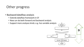 <entry>
str = …str = …
<exit>
else then
File ﬁle = new File(str);
D
Other progress
• Backward dataflow analysis
• Extends dataflow framework in CF
• Now can do both forward and backward analysis
• Support more analyses kinds: e.g. live variable analysis
 