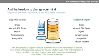 And the freedom to change your mind
AWS Database Migration Service
Migrate on-premises, Amazon RDS, and EC2-based databases
Supported Sources
Oracle
Microsoft SQL Server
MySQL
Amazon Aurora
PostgreSQL
Supported Targets
Oracle
Microsoft SQL Server
MySQL
Amazon Aurora
PostgreSQL
Amazon Redshift
“The AWS Database Migration Service automated most of the work needed to convert
from Oracle and dramatically reduced the manual effort involved in the code migration. It
is a key enabler in our plans to adopt more agile, open source databases.”
Hans Wald – CTO, Thomas Publishing
 