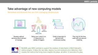 Take advantage of new computing models
Develop without
worrying about servers
to manage
Setup your code to run
in response to a
variety of triggers
Code is executed on
demand with
continuous scaling
Pay only for the time
used with sub-second
metering
Serverless architectures free you from managing infrastructure
AWS Lambda
MLBAM uses AWS Lambda to support the analysis of data feeds in MLB Statcast’s
metrics engine. It takes the raw data, cleans it up and conducts error detection, then
creates the metrics that bring more insights into plays; all within 12 seconds of a play.
 
