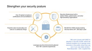 Strengthen your security posture
Powerful native functionality and
tools at no additional charge
Over 30 global compliance
certifications and accreditations
Leverage security enhancements gleaned
from 1M+ customer experiences
Benefit from AWS industry leading
security teams 24/7, 365 days a year
Security infrastructure built to
satisfy military, global banks, and other
high-sensitivity organizations
“We work closely with AWS to
develop a security model, which we
believe enables us to operate more
securely in the public cloud than we
can in our own data centers.”
Rob Alexander - CIO, Capital One
 