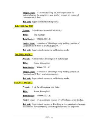 | P a g e
Project scope: It’s a main building for Arab organization for
industrialization for army forces as a turn key project it’s consist of
Basement and 5 floors.
Job task: Supervision for Finishing works
July 2008-Dec 2009
Project: Cairo University at sheikh Zaid city
Title: Site engineer
Total budget: 0,000,000 L.E.
Project scope: It consists of 5 buildings every building consists of
Basement and 5 floors as a turnkey project.
Job task: Supervision for concrete and finishing works
Dec 2009- Sep2011
Project: Administration Buildings at el-mohandseen
Title: Senior Site engineer
Total budget: ,000,000 L.E.
Project scope: It consists of 2 buildings every building consists of
Basement and 8 floors as a turnkey project.
Job task: Supervision for concrete and finishing works
Sep.2011- Oct.2012
Project: Hyde Park Compound new Cairo
Title: Senior Site engineer
Total budget: 50,000,000 L.E.
Project scope: It’s a compound consists of 620 villa as a semi-finished.
Job task: Supervision for concrete, Finishing works, coordination between
all items and between Quality control department and site engineers.
 