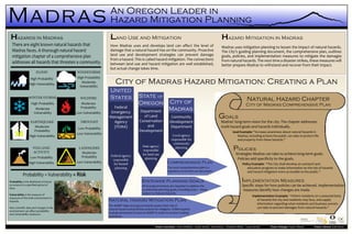 Madras An Oregon Leader in
Land Use and Mitigation
How Madras uses and develops land can affect the level of
damage that a natural hazard has on the community. Proactive
land use and development strategies can prevent damage
from a hazard. This is called hazard mitigation. The connections
between land use and hazard mitigation are well established,
but actual change takes time.
Hazard Mitigation in Madras
Madras uses mitigation planning to lessen the impact of natural hazards.
The City’s guiding planning document, the comprehensive plan, outlines
goals, policies, and implementation measures to mitigate the damages
from natural hazards. The next time a disaster strikes, these measures will
better prepare Madras to withstand and recover from their impact.
There are eight known natural hazards that
Madras faces. A thorough natural hazard
mitigation chapter of a comprehensive plan
addresses all hazards that threaten a community.
Hazard Mitigation Planning
Hazards In Madras
VOLCANIC
ACTIVITY
Low Probability
High Vulnerability
WINTER STORMS
High Probability
Moderate
Vulnerability
FLOOD
High Probability
High Vulnerability
EARTHQUAKE
Moderate
Probability
High Vulnerability
WINDSTORMS
High Probability
Moderate
Vulnerability
WILDFIRE
Moderate
Probability
Low Vulnerability
LANDSLIDES
Moderate
Probability
Low Vulnerability
DROUGHT
Low Probability
Low Vulnerability
Project Associates: Drew Pfefferle, Emily Kettell, Ross Peizer, Elizabeth Miller, Laura Stroud Project Manager: Sarah Allison Project Advisor: Josh Bruce
Probability + Vulnerability = Risk
Federal
Emergency
Management
Agency
(FEMA)
Natural Hazard Mitigation Plan
Community
Development
Department
United
States
City of
Madras
The NHMP helps local governments assess their risk of
natural hazard and prioritize actions for mitigatin. FEMA requires
local governments to have an NHMP in order to receive funding
assistance.
Department
of Land
Conservation
and
Development
State of
Oregon
State agency
responsible
for land-use
planning
Local agency
responsible for
community
planning
Comprehensive Plan
The local comprehensive plan is a
regulatory local land-use document.
Statewide Planning Goals
All local governments are required to address the
19 statewide planning goals, including Goal 7 - Areas
Subject to Natural Hazards.
Federal agency
responsible
for hazard
planning
City of Madras Hazard Mitigation: Creating a Plan
Goals
Madras’ long-term vision for the city. The chapter addresses
multi-hazard goals and hazards individually.
		 Goal Example: “Increase awareness about natural hazards in
			 Madras, including actions the public can take to protect life
			 and property from these hazards.”
Policies
Strategies Madras can take to achieve long-term goals.
Policies add specificity to the goals.
			Policy Example: “The City shall develop an outreach and
				 education program to make information on the risk of hazards
				 and hazard mitigation more accessible to the public.”
Implementation Measures
Specific steps for how policies can be achieved. Implementation
measures identify how changes are made.
		Implementation Example: “Inform residents on a seasonal basis
			 of hazards the city and residents may face, and supply 				
			 information regarding what residents and business owners
			 can take to prevent damages from natural hazards.”
Natural Hazard Chapter
City of Madras Comprehensive Plan
Probability is the likelihood of future
occurance in a specified period of
time.
Vulnerability is the measure of
exposure of the built environment to
hazards.
New scientific data and changes in the
environment can affect probability
and vulnerability measures.
 
