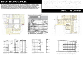 The Greek National Opera will now have a true world-class opera and ballet theater—its first home ever. The
main auditorium’s (1,400 seats) world-class acoustics and mechanical capabilities will accommodate the most
demanding international and local productions. The facilities also present the GNO with opportunities to
strengthen its educational and outreach programs, while a smaller experimental (black box) theater (400 seats)
can host more intimate and avant-garde productions. This is going to be the largest Opera House in Europe.
SNFCC - THE OPERA HOUSE
SNFCC - THE LIBRARY
The new state-of-the-art facilities will allow the National Library of Greece to broaden its mission and scope
and assume a dual and expanded role; it will continue to be a research and study center for academics and
students, but it will also function as an all-inclusive public resource, offering a variety of educational and cul-
tural programming to children and adults based on similar projects that have been successfully implemented
in public libraries across Greece and abroad. The NLG will also become an important venue for exhibitions of
its holdings, as well as other traveling exhibitions. Selections of the NLG’s manuscripts will be exhibited on a
rotational basis, affording visitors the opportunity to view Greece’s treasures and cultural heritage.
 