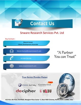 Manish Kumar
Clients Development Associate
+91 11 47064872 * 506
Snware Research Services Pvt. Ltd
Your Service Provider Partner
for -:
412-414, 4th Floor, N.N Mall, Manglam Place Sector -3, Near M2K Cinemas, Rohini, Delhi-110085, India
Manish.Kumar@snwareresearch.com
+91 8447301436
www.snwareresearch.com
“A Partner
You can Trust”
Key Contact-:
 