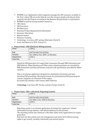  BWRMS is an Application which supports/manages the BW resources available in
the Pool, where HR can work/allocate over the resource people and allocate them
properly into the Projects according to the Business Requirements or expectations.
 BWRMS would be having modules named as …
 HR Admin
 HR Executives
 BW Resources
 Business/Project Requirements Information
 Resource Allocations
 Reports Section
 Resource Tracking
 Technology: Core Java, JSP, spring, Hibernate, Oracle 9i.
 Tools: Net Beans 6.0, SVN, Tomcat 5.5.
 Project Name : EBS (Electronic Billing System)
Client UPPCL
Role SOFTWARE ENGINEER
Duration Nov 2006 to Nov 2007 ( 12 Months)
Organization UPPCL
Team Size 4
Electricity Bill generation for Large Scale Consumers through MRI Instrument and
EBS Software, Meter Reading and Other meter related parameter are recorded by
MRI Instrument and then parameter analyzed with specification provided by Meter
vendors.
This is an intranet application designed for distribution divisional and inter-
divisional bill processing. Having provisions for parameterized bill processing for
various categories of consumers in the region.
Its system has interface with various other Software.
Technology: Core Java, JSP, Servlet, and Java Script, Oracle 8i
 Project Name : ERS –( Electronic Reporting System)
Client UPPCL
Role SOFTWARE ENGINEER
Duration Feb 2006 to Nov 2006 (9 Months)
Organization UPPCL
Team Size 4
Reporting system is an intranet application developed for employees’ related
information having interface with official database for the division.
The reporting system also interfaces with other utility tools/applications for report
generation.
End users for this system were the management and senior level officers having
rights to get weekly, monthly, biannually and annual reports.
 