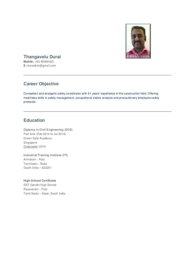 Sample resume for safety coordinator in singapore