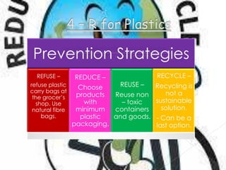 Prevention Strategies
REFUSE –
refuse plastic
carry bags at
the grocer’s
shop. Use
natural fibre
bags.

REDUCE –

REUSE –
Choose
products
Reuse non
with
– toxic
minimum
containers
plastic
and goods.
packaging.

RECYCLE –

Recycling is
not a
sustainable
solution.
- Can be a
last option.

 