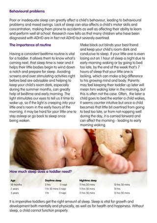 The importance of routine
Having a consistent bedtime routine is vital
for a toddler. It allows them to know what’s
coming next, that sleep time is near and it
helps their little bodies begin to wind down
a notch and prepare for sleep. Avoiding
screens and over stimulating activities right
before bed are advisable and helping to
keep your child’s room dark, especially
during the summer months, can greatly
help at bedtime and early morning. The
light stimulates our eyes to tell us it time to
wake up, so if the light is creeping into your
little one’s room in the early hours of the
morning, it may be hard for your little one to
stay asleep or go back to sleep once
being woken.
Make black out blinds your best friend
and keep your child’s room dark and
conducive to sleep. If your little one is even
losing out on 1 hour of sleep a night due to
early morning waking or by going to bed
too late, by the end of the week that’s 7
hours of sleep that your little one is
lacking, which can make a big difference
to his growing mind and body. Parents
may feel keeping their toddler up later will
mean him waking later in the morning, but
this is often not the case. Often, the later a
child goes to bed the earlier a child wakes,
it seems counter intuitive but once a child
becomes that little bit overtired from going
to bed too late, or from not napping well
during the day, it is carried forward and
can affect the morning - leading to early
morning waking.
Behavioural problems
Poor or inadequate sleep can greatly affect a child’s behaviour, leading to behavioural
problems and mood swings. Lack of sleep can also affects a child’s motor skills and
concentration, making them prone to accidents as well as affecting their ability to learn
and perform well at school. Research now tells as that many children who have been
diagnosed with ADHD are in fact not ADHD but severely overtired.
How much sleep does a toddler need?
Age Daytime sleep Nightime sleep
18 months 2 hrs (1 nap) 11 hrs 30 mins 13 hrs 30 mins
2 years 1 hr 30 mins (1 nap) 11 hrs 30 mins 13 hrs
3 years 1 hr (1 nap) 11 hrs 30 mins 12 hrs 30 mins
It is imperative toddlers get the right amount of sleep. Sleep is vital for growth and
development both mentally and physically, as well as for health and happiness. Without
sleep, a child cannot function properly.
 