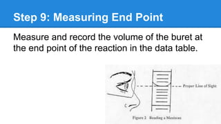 Step 9: Measuring End Point
Measure and record the volume of the buret at
the end point of the reaction in the data table.
 