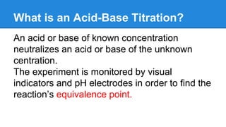 What is an Acid-Base Titration?
An acid or base of known concentration
neutralizes an acid or base of the unknown
centration.
The experiment is monitored by visual
indicators and pH electrodes in order to find the
reaction’s equivalence point.
 