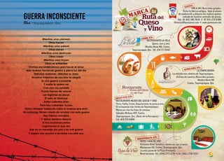 Mientras unos planean
Otros hacen
Mientras unos pelean
Otros nacen
Mientras unos destruyen
Otros crean
Mientras unos huyen
Otros se enfrentan
Vivimos escondiéndonos para hacer el amor
Más mueren haciendo guerra a plena luz del día
Disfrutan matando, disfrutan su dolor
Nosotros tratamos de rescatar la alegría
Es una guerra constante
Y nadie la quiere ver
Con una voz sonante
Pronto hemos de vencer
Las lágrimas se secan
El odio se destruye
Antes valientes eran
Pero hoy cobardes, huyen
Vivían siempre hablando sobre lo buenos que eran
Sin embargo tienen miedo de acabar con esta guerra
Hay líderes corruptos
Y dañar siempre desean
Si hoy luchamos juntos
Lograremos lo que sea
Este es un mensaje pro paz y no anti guerra
Y espero hoy ayudar a terminar con esta era.
GUERRA INCONSCIENTE
Alex / Tequisquiapan, Qro.
 