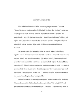 iv
ACKNOWLEDGEMENTS
First and foremost, I would like to acknowledge my Committee Chair and
Primary Advisor for this dissertation, Dr. Elizabeth Ercolano. Dr. Ercolano’s advice and
knowledge of the needs of cancer survivors inspired me to immerse myself in this
research study. It is with sincere gratitude that I acknowledge the hours of guidance and
support in the preparation of this study, her review and guidance during data collection
and analysis in order to ensure rigor, and in the diligent preparation of the final
document.
My second reader, Dr. Mary Ellen Doherty, must be acknowledged for her
expertise as a qualitative researcher who shared the wealth of her research experience in a
generous manner with unwavering support. Dr. Doherty’s proficiency as a qualitative
researcher was instrumental in her role as a research methods expert. Dr. Elaine Martin,
my third reader, provided consistent support at any time of the day or night. Her practical
resources for doctoral students in the dissertation phase of their education are very much
appreciated. I have truly been blessed with a Committee of caring individuals who were
instrumental in making this dissertation possible.
I would also like to acknowledge the Program Chairs of the Doctorate in Nursing
Education Program (Ed.D.) from Southern Connecticut State University (SCSU) and
Western Connecticut State University (WCSU). Dr. Barbara Aronson not only serves as
 