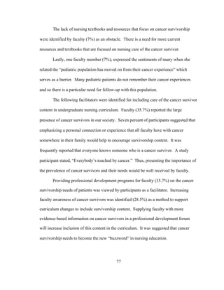 77
The lack of nursing textbooks and resources that focus on cancer survivorship
were identified by faculty (7%) as an obstacle. There is a need for more current
resources and textbooks that are focused on nursing care of the cancer survivor.
Lastly, one faculty member (7%), expressed the sentiments of many when she
related the “pediatric population has moved on from their cancer experience” which
serves as a barrier. Many pediatric patients do not remember their cancer experiences
and so there is a particular need for follow-up with this population.
The following facilitators were identified for including care of the cancer survivor
content in undergraduate nursing curriculum. Faculty (35.7%) reported the large
presence of cancer survivors in our society. Seven percent of participants suggested that
emphasizing a personal connection or experience that all faculty have with cancer
somewhere in their family would help to encourage survivorship content. It was
frequently reported that everyone knows someone who is a cancer survivor. A study
participant stated, “Everybody’s touched by cancer.” Thus, presenting the importance of
the prevalence of cancer survivors and their needs would be well received by faculty.
Providing professional development programs for faculty (35.7%) on the cancer
survivorship needs of patients was viewed by participants as a facilitator. Increasing
faculty awareness of cancer survivors was identified (28.5%) as a method to support
curriculum changes to include survivorship content. Supplying faculty with more
evidence-based information on cancer survivors in a professional development forum
will increase inclusion of this content in the curriculum. It was suggested that cancer
survivorship needs to become the new “buzzword” in nursing education.
 