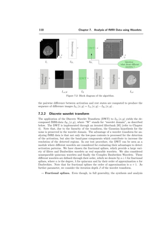 86 Chapter 5. Orthogonal Quincunx Wavelets with Fractional Orders
5.5.2 Dependence of the order parameter
The usefulness of a tunable order parameter is demonstrated in the following experiment:
we apply the quincunx transform to an image (“cameraman”) and reconstruct the image
with only 15 % of the largest coeﬃcients and measure then the SNR depending on
the order parameter. The graph 5.9 shows the SNR dependence on λ; the optimum is
achieved with λ = 2.1.
0 5 10 15
14
16
18
20
22
24
26
28
order parameter λ
SNR
Figure 5.9: Relation between the order parameter λ and the SNR of the reconstructed image
with only 10000 of the largest coeﬃcients. The reconstruction with λ = 2.1 reaches the highest
SNR.
5.5.3 Approximation properties
The main diﬀerences between the quincunx (quin) and the conventional algorithm (sep)
is the ﬁner scale progression and the nonseparability. To test the impact that this may
have on compression capability, we compared the approximation of quin and sep. Since
the wavelet transform is orthogonal, the approximation error (distortion) is equal to
D2
= x − ˆx 2
= y − ˆy 2
, where y are the wavelet coeﬃcients, x is the input, ˆx and ˆy
is the estimated image. Also D2
in the space domain is equivalent to the sum of squares
of discarded wavelet coeﬃcients [143].
Linear approximation
In classical rate-distortion theory, the coeﬃcients are grouped into channels and coded
independently. In the orthogonal case, D2
is equivalent to the diﬀerence between the
 