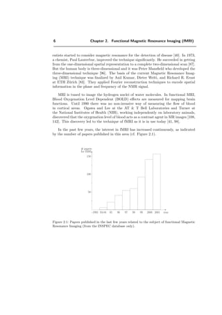 6 Chapter 2. Functional Magnetic Resonance Imaging (fMRI)
entists started to consider magnetic resonance for the detection of disease [40]. In 1973,
a chemist, Paul Lauterbur, improved the technique signiﬁcantly. He succeeded in getting
from the one-dimensional spatial representation to a complete two-dimensional scan [87].
But the human body is three-dimensional and it was Peter Mansﬁeld who developed the
three-dimensional technique [96]. The basis of the current Magnetic Resonance Imag-
ing (MRI) technique was ﬁnalized by Anil Kumar, Dieter Welti, and Richard R. Ernst
at ETH Z¨urich [83]. They applied Fourier reconstruction techniques to encode spatial
information in the phase and frequency of the NMR signal.
MRI is tuned to image the hydrogen nuclei of water molecules. In functional MRI,
Blood Oxygenation Level Dependent (BOLD) eﬀects are measured for mapping brain
functions. Until 1990 there was no non-invasive way of measuring the ﬂow of blood
in cortical areas. Ogawa and Lee at the AT & T Bell Laboratories and Turner at
the National Institutes of Health (NIH), working independently on laboratory animals,
discovered that the oxygenation level of blood acts as a contrast agent in MR images [108,
142]. This discovery led to the technique of fMRI as it is in use today [41, 98].
In the past few years, the interest in fMRI has increased continuously, as indicated
by the number of papers published in this area (cf. Figure 2.1).
96 97
# papers
for fMRI
150
50
-1992 93-94 95 98 99 20012000 year
100
Figure 2.1: Papers published in the last few years related to the subject of functional Magnetic
Resonance Imaging (from the INSPEC database only).
 