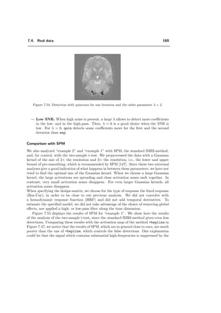 7.3. Which properties of the wavelet transform are preferable for fMRI? 145
7.34. The quantitative results of this example are given in Figure 7.35. Especially
for a larger order parameter λ, there is a big gap between the error E of quin and
sep. We have indications that the false detections E1 are much smaller for quin,
because of the ﬁner scale progression. Even though the threshold level seems to be
adequate, the false detections E1 increases, when the iteration depth is chosen to
be higher. On the contrary, when we keep the iteration depth on a ﬁner resolution
compared to the separable case, the noise is less reduced and thus in some cases
more E2-errors appear in the quincunx case (Figure 7.35). The advantage of the
quincunx transform is the more noticeable when the optimal iteration depth J is
in between the possible iterations of the separable algorithm, i.e., when J is odd.
An example of such a situation is given in Figure 7.36, where sep performs best
with two iterations and causes an error E = 58%, while quin performs best with
three iterations and causes an error E = 41% with λ = 2. Thus the gap between
both methods is almost 20%.
Another example, closer to real data is given in Figure 7.37. I(x, y) is extracted
0 2 4 6 8
20
30
40
50
60
70
80
90
100
110
order λ
detectionerrorsE(α)in%
quin
sep
0 2 4 6 8
0
20
40
60
80
100
order λ
falsedetectionsE1(α)in%
quin
sep
0 2 4 6 8
0
20
40
60
80
100
order λ
misseddetectionsE2(α)in% quin
sep
a) E b) E1 c) E2
Figure 7.35: Error of detection of I(x, y) of Figure 7.34. Comparison of quin (solid line) and
sep (dashed line). For both methods the optimal iteration depth is one.
from a slice of real data and contains small shapes of diﬀerent intensities. Like for
the other examples, no mask is applied, which would enhance the detection qual-
ity. Again, it is evident that quin detects more accurately. Thus the ﬁner scale
progression of the quincunx transform oﬀers more ﬂexibility and leads to better
results.
→ count. It can be observed that quin typically detects more coeﬃcients than sep.
 