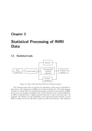Chapter 3
Statistical Processing of fMRI
Data
3.1 Statistical tools
acquisition
data
preprocessing
identity
Gaussian ﬁlter
standard
approach
wavelet
transform
statistical
analysis
Figure 3.1: Order of the procedures before the statistical analysis.
The statistical tools that are used for the algorithm in this work are described in
this section. The application to fMRI can be found in Section 3.3. The block diagram
of Figure 3.1 shows where the statistical processing is situated in the analysis of fMRI.
In our case, the statistics is applied in the wavelet domain on the wavelet coeﬃcients.
In SPM, a Gaussian ﬁlter is applied and the detection is done at the pixel level. In
principle, the statistics are also applicable to the unprocessed pixels directly, but the
SNR is usually too low for this direct method to yield some detection. The statistical
 