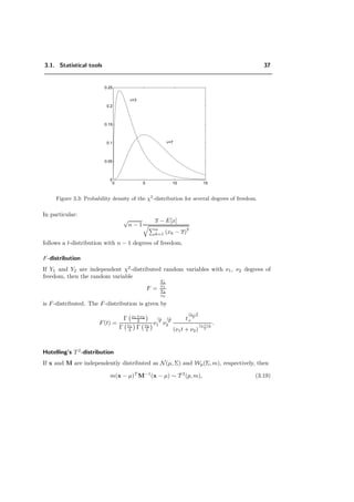 3.1. Statistical tools 37
0 5 10 15
0
0.05
0.1
0.15
0.2
0.25
ν=3
ν=7
Figure 3.3: Probability density of the χ2
-distribution for several degrees of freedom.
In particular:
√
n − 1
x − E[x]
n
k=1 (xk − x)2
follows a t-distribution with n − 1 degrees of freedom.
F-distribution
If Y1 and Y2 are independent χ2
-distributed random variables with ν1, ν2 degrees of
freedom, then the random variable
F =
Y1
ν1
Y2
ν2
is F-distributed. The F-distribution is given by
F(t) =
Γ ν1+ν2
2
Γ ν1
2 Γ ν2
2
ν
ν1
2
1 ν
ν2
2
2
t
ν1−2
2
+
(ν1t + ν2)
ν1+ν2
2
.
Hotelling’s T 2
-distribution
If x and M are independently distributed as N(µ, Σ) and Wp(Σ, m), respectively, then
m(x − µ)T
M−1
(x − µ) ∼ T 2
(p, m), (3.19)
 