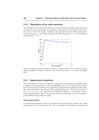 74 Chapter 4. Wavelets
ysis of non-stationary signals. The space-frequency localization property motivates new
algorithms for example for image denoising applications, where the wavelet transform is
able to preserve boundaries better than, for example, the Fourier transform [5, 72].
Another advantage of the wavelet transform as compared to the Fourier transform, is
that the analyzing wavelet can be speciﬁcally tailored to the application. The Windowed
Fourier Transform (WFT) circumvents the lack of time localization of the Fourier trans-
form, however, it remains the problem of the ﬁxed size of each shifted window, whereas
for the wavelet transform we have diﬀerent scales.
But also the scale speciﬁc non-redundant information of the wavelet coeﬃcient makes the
wavelet transform attractive. For detection problems like fMRI or microcalciﬁcations in
mammography, where the size of the feature to detect is not known a priori, the multires-
olution properties of the wavelet transform give access to signal information at diﬀerent
resolution levels. This allows for the separation of signal components of various sizes
including high frequency noise. Another example than fMRI of successful application is
the detection of microcalciﬁcations [158, 35].
The wavelet transform also de-correlates the signal, which results in a concentration of
power into a smaller number of coeﬃcients. This makes the wavelet transform espe-
cially attractive for the compression of signals or images. Wavelets have already been
incorporated into the new JPEG2000 algorithm; they tend to be quite ﬂexible and yield
subjectively better results than the standard DCT-based JPEG, at especially high com-
pression ratios.
Here, we will apply the wavelet transform to fMRI data.
 