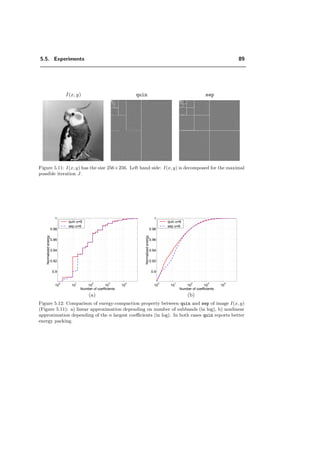 5.2. Quincunx sampling and ﬁlterbanks 77
sampled version is
[x]↓D[k] = x[Dk] where D =
1 1
1 −1
. (5.1)
Our down-sampling matrix D is such that D2
= 2I. The Fourier-domain version of (5.1)
is
[x]↓D[k] ←→
1
2
X D−T
ω + X D−T
ω + π ,
where π = (π, π).
The upsampling is deﬁned by
[x]↑D[k] =
x[D−1
k] if k1 + k2 even
0 else where
and its eﬀect in the transform domain is as follows:
[x]↑D[k] ←→ X DT
ω .
If we now chain the down-sampling and up-sampling operators, we get
[x]↓D↑D[k] =
x[k] if k1 + k2 even
0 else where
1
2
[X (ω) + X (ω + π)] . (5.2)
Since quincunx sampling reduces the number of image samples by a factor of two, the
corresponding reconstruction ﬁlterbank has two channels (cf. Fig. 5.2). The low-pass
ﬁlter H reduces the resolution by a factor of
√
2; the wavelet coeﬃcients correspond to
the output of the high-pass ﬁlter G.
xi[k]
˜G (ω) 
 