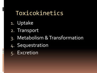 Toxicokinetics
1. Uptake
2. Transport
3. Metabolism &Transformation
4. Sequestration
5. Excretion
 
