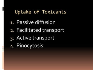 Uptake of Toxicants
1. Passive diffusion
2. Facilitated transport
3. Active transport
4. Pinocytosis
 