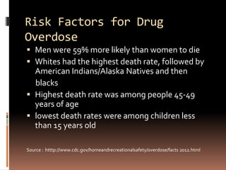 Risk Factors for Drug
Overdose
 Men were 59% more likely than women to die
 Whites had the highest death rate, followed by
American Indians/Alaska Natives and then
blacks
 Highest death rate was among people 45-49
years of age
 lowest death rates were among children less
than 15 years old
Source : htttp://www.cdc.gov/homeandrecreationalsafety/overdose/facts 2012.html
 