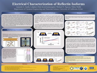 Electrical Characterization of Reflectin Isoforms
Amanda G. Smith, Laliphat (Mai) Kositchaimongkol, Michael N. Nguyen, Nikka Mofid
Department of Chemical Engineering and Materials Science, University of California, Irvine
1. Colomban, P. Proton Conductors: Solids, Membrains and Gels—Materials and Devices (Cambridge Univ. Press, 1992).
2. Fabbri, E. Pergolesi, D. & Traversa, E. Materials challenges toward proton-conducting oxide fuel cells: a critical review. Chem. Soc. Rev. 39, 4355- 4369 (2010).
3. Kruerer, K., Paddison, S. J., Spohr, R. & Schuster, M. Transport in proton conductors for fuel-cell applications: stimulations, elementary reactions, and phenomenology. Chem. Rev. 104, 4637-4678 (2004).
4. Kreuer, K. Proton conductivity: materials and applications. Chem. Mater. 8, 610-641 (1996)
5. I. Kymissis, 2009, Organic Field Transistors Theory, Fabrication, and Chacterization, Springer, New York, 136 p.
6. Mauritz, K. A. & Moore, R. B. State of understanding of Nafion. Chem. Rev. 4535-4385 (2004).
7. Norby, T. Proton conduction in solids: bulk and interfaces. MRS Bull. 923- 928 (2009).
8. Ordinario, D. D., Phan, L., Walkup IV, W. G., Jocson, J-M., Karshalev, E., Husken, N., Gorodetsky, A. A. Bulk protonic conductivity in a cephalopod structural protein. Nat. Chem. 2014 Accepted
9. Yoon, M., Suh, K., Natarajan, S. & Kim, K. Proton conduction in metal- organic frameworks and related modularly built porous solids. Angew. Chem. Int. Ed. 52. 2688-2700 (2013).
We would like to acknowledge the University of California, Irvine,
the Gorodetsky Group,
the Undergraduate Research Oppurtunities Program,
the Air Force Office of Scientific Research,
the National Science Foundation,
the Delta Hardware & Industry Co. For their financial support.
References Acknowledgement
Ionic transistors from organic and biological materials represent an emerging class of devices
for bioelectronics applications. Within this context, protonic transistors represent exciting
targets for further research and development despite the fact that they have received relatively
little attention. Given the ubiquity of proton transport and transfer phenomena, protonic
devices represent a natural choice for interfacing rugged traditional electronics and biological
systems, facilitating the sensitive transduction of biochemical events into electrical signals. In
previous research, we fabricated and characterized protonic transistors from the cephalopod
structural protein reflectin isoform A1 and recently fabricated devices from reflectin isoforms
A2 and B1. We have investigated these devices with standard electrical and electrochemical
techniques, and our findings indicate performance comparable to the state-of-the-art for
protonic transistors. Overall, our findings may hold significance for a broad range of
biomedical and bioelectrochemical devices.
Abstract
Reflectins possess a number of interesting yet unique properties which set them apart from
most other proteins. They contain a large number of charged amino acid residues, consist of
one to six highly conserved repeating subdomains separated by variable linker regions and
possess little-to-no organized secondary structure
.
Background: Properties of Reflectin
All previous characterization of the ability
for reflectin to act as the active element of
a protonic transistor has been performed on
the A1 isoform. However, in addition to A1
there are many other isoforms of reflectin
that have been discovered. Isoforms that
are currently of interest to this project are
A2, B1, and 1b. A family tree showing the
known isoforms of reflectin is shown
to the right.
Materials and Methods Results
Finally, devices were fabricated into 3-terminal field effect transistors, which allows for
greater electrostatic control over conduction. If these devices utilized protons as the
charge carrier in conduction, a negative applied gate bias should induce more injection of
protons into the channel and increase the observed current ; conversely, a positive applied
gate bias would deplete the channel of protons and a decreasing current would be
observed.
When conducting standard electrical benchmark tests, similar trends were observed across all
reflectin isoforms, thereby indicating a huge similarity in their behavior and conduction
mechanisms.
* Isoform devices were tested with Pd versus PdHx in the procedure described above.
There was a notable increase in current when Palladium Hydride electrodes were used
across all reflectin isoforms, A1, A2, and B1. Palladium Hydride is a proton injecting
material, indicating that protons are the charge carrier used in all the reflectin isoforms.
* The currents for all reflectin isoforms were collected at varying humidities, from 70%
RH to 90% RH. There is an increase in current across all isoforms with increasing
humidity which shows water absorbed in the films plays in integral role in proton
conduction. The Grotthus mechanism was proposed in the A1 isoform and therefore is
likely used by isoforms A2 and B1.
* Protein isoforms were fabricated into field effect transistors. All isoforms exhibit current
increases with more negative gate biases and current decreases with more positive gate
biases. Standard electron-conducting transistors behavior would do the opposite, thereby
suggesting isoforms A2 and B1 are proton conductors like A1.
* Integrating these transistors on living organic material.
* Characterization of other isoforms to see if any isoform is more ideally suited
* Selectively breeding the protein that produce reflectin to create an isoform with
maximized electrical properties.
* Selective breeding of reflectin to engineer an isoform with optimized electrical
properties
Future Work
For electrical measurements, we fabricated two- and three-terminal bottom contact
devices, where reflectin served as the active material. Shadow mask lithography was used
to electron-beam evaporate arrays of paired palladium (Pd) electrodes onto silicon
dioxide/silicon (SiO2/Si) substrates. Subsequently, we drop cast smooth and featureless
thin films of reflectin directly onto these electrodes from aqueous solution and
mechanically scribed away excess material, taking great care to avoid damaging the
electrodes. The completed devices were then subjected to systematic electrical
interrogation.
To test whether isoforms implemented proton-conduction like reflectin RfA1, completed
devices were exposed to hydrogen (H2) gas, transforming the Pd electrodes into proton-
transparent palladium hydride (PdHx) electrodes in situ. If reflectin protonic conducting
material, the devices with proton-injecting electrodes should show much higher currents
that those which do not.
 