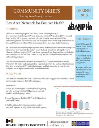 Linking Science
and Practice
COMMUNITY BRIEFS
	 Sharing knowledge for action
Bay Area Network for Positive Health
HIGHLIGHTS
• BANPH engaged
over 600 and linked
over 400 HIV+
individuals to care
• Basic needs must
often be met before
HIV+ individuals
can get care
• Respect and trust
are necessary to be
successful when
working with HIV+
individuals
SPRING
2013
THE ISSUE:
More than 1 million people in the United States are living with HIV.
It is important that they get HIV care. Someone who is HIV positive (HIV+) can still
live a healthy life by getting care from a doctor. It is also important that HIV+
individuals get care because when they are on regular medication, they are less likely to
transmit the virus to others. Once care is started, it is important that it continues.
HIV+ individuals may feel judged by their family and friends and may want to keep it to
themselves. They also may have other needs that stop them from getting HIV care.
There are different stages of HIV care. Some individuals are diagnosed but not linked to
care. Some are in care and then choose to stop. See the chart below to understand the
different stages of care.
The Bay Area Network for Positive Health (BANPH) Team at San Francisco State
University (SF State) leads a group of 12 organizations from the Oakland/San Francisco
Bay Area to help link HIV+ individuals to care and help them stay in care. See the
complete list of organizations under More Information.
WHAT WE DO:
The BANPH network helps HIV+ individuals who have stopped care, never had care or
are no longer in care to start HIV care again.
We want to:
This chart shows the stages of HIV care. BANPH
focuses on the stages in red. http://www.cdc.gov/nchhstp/newsroom/2012/
Continuum-of-Care-Graphics.html
1. Lower the number of HIV+ individuals not getting
care, by working with BANPH partners, outreach
workers and linkage specialists.
2. Learn the reasons that keep HIV+ individuals from
getting HIV care.
3. Build a relationship with organizations so they
can work together to help HIV+ individuals get care.
 