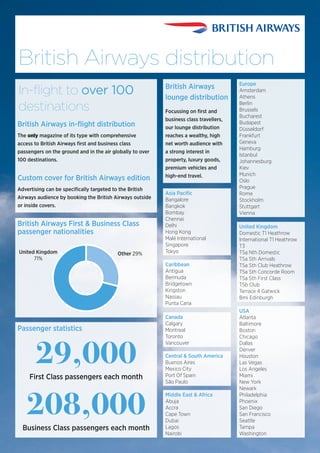 British Airways distribution
Middle East & Africa
Abuja
Accra
Cape Town
Dubai
Lagos
Nairobi
Asia Pacific
Bangalore
Bangkok
Bombay
Chennai
Delhi
Hong Kong
Malé International
Singapore
Tokyo
Canada
Calgary
Montreal
Toronto
Vancouver
Caribbean
Antigua
Bermuda
Bridgetown
Kingston
Nassau
Punta Cana
Central & South America
Buenos Aires
Mexico City
Port Of Spain
São Paulo
Europe
Amsterdam
Athens
Berlin
Brussels
Bucharest
Budapest
Düsseldorf
Frankfurt
Geneva
Hamburg
Istanbul
Johannesburg
Kiev
Munich
Oslo
Prague
Rome
Stockholm
Stuttgart
Vienna
United Kingdom
Domestic T1 Heathrow
International T1 Heathrow
T3
T5a Nth Domestic
T5a Sth Arrivals
T5a Sth Club Heathrow
T5a Sth Concorde Room
T5a Sth First Class
T5b Club
Terrace 4 Gatwick
Bmi Edinburgh
USA
Atlanta
Baltimore
Boston
Chicago
Dallas
Denver
Houston
Las Vegas
Los Angeles
Miami
New York
Newark
Philadelphia
Phoenix
San Diego
San Francisco
Seattle
Tampa
Washington
British Airways
lounge distribution
Focussing on first and
business class travellers,
our lounge distribution
reaches a wealthy, high
net worth audience with
a strong interest in
property, luxury goods,
premium vehicles and
high-end travel.
British Airways in-flight distribution
The only magazine of its type with comprehensive
access to British Airways first and business class
passengers on the ground and in the air globally to over
100 destinations.
Custom cover for British Airways edition
Advertising can be specifically targeted to the British
Airways audience by booking the British Airways outside
or inside covers.
In-flight to over 100
destinations
United Kingdom
71%
Other 29%
British Airways First & Business Class
passenger nationalities
Passenger statistics
208,000
29,000First Class passengers each month
Business Class passengers each month
 