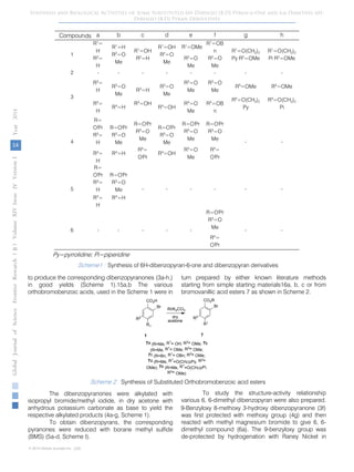 Compounds a b c d e f g h
1
R1
=
H
R2
=
H
R1
=H
R2
=O
Me
R1
=OH
R2
=H
R1
=OH
R2
=O
Me
R2
=O
Me
R1
=OB
n
R2
=O
Me
R1
=O(CH2)2
Py R2
=OMe
R1
=O(CH2)2
Pi R2
=OMe
2 - - - - - - - -
3
R3
=
H
R4
=
H
R3
=O
Me
R4
=H
R3
=H
R4
=OH
R3
=O
Me
R4
=OH
R3
=O
Me
R4
=O
Me
R3
=O
Me
R4
=OB
n
R3
=OMe
R4
=O(CH2)2
Py
R3
=OMe
R4
=O(CH2)2
Pi
4
R=
Oi
Pr
R3
=
H
R4
=
H
R=Oi
Pr
R3
=O
Me
R4
=H
R=Oi
Pr
R3
=O
Me
R4
=
Oi
Pr
R=Oi
Pr
R3
=O
Me
R4
=OH
R=Oi
Pr
R3
=O
Me
R4
=O
Me
R=Oi
Pr
R3
=O
Me
R4
=
Oi
Pr
- -
5
R=
Oi
Pr
R3
=
H
R4
=
H
R=Oi
Pr
R3
=O
Me
R4
=H
- - - - - -
14
GlobalJournalofScienceFrontierResearchVolumeXIVXIssueersionIVIVYear()2014B Synthesis and Biological Activities of Some Substituted 6H-Dibenzo [B,D] Pyran-6-One and 6,6-Dimethyl 6H-
Dibenzo [B,D] Pyran Derivatives
6 - - - - -
R=Oi
Pr
R3
=O
Me
R4
=
Oi
Pr
- -
Scheme1 : Synthesis of 6H-dibenzopyran-6-one and dibenzopyran derivatives
© 2014 Global Journals Inc. (US)
CO2H
Br
R1
R2
1
RI/K2CO3
dry
acetone
CO2R
Br
R1
R2
7a (R=Me, R1
= OH; R2= OMe; 7b
(R=Me, R1
= OMe; R2= OMe;
7c (R=Bn, R1
= OBn; R2= OMe;
7d (R=Me, R1
=O(CH2)2Py, R2=
OMe); 7e (R=Me, R1
=O(CH2)2Pi,
R2= OMe)
7
Scheme 2 : Synthesis of Substituted Orthobromobenzoic acid esters
to produce the corresponding dibenzopyranones (3a-h,)
in good yields (Scheme 1).15a,b The various
orthobromobenzoic acids, used in the Scheme 1 were in
turn prepared by either known literature methods
starting from simple starting materials16a, b, c or from
bromovanillic acid esters 7 as shown in Scheme 2.
The dibenzopyranones were alkylated with
isopropyl bromide/methyl iodide, in dry acetone with
anhydrous potassium carbonate as base to yield the
respective alkylated products (4a-g, Scheme 1).
To obtain dibenzopyrans, the corresponding
pyranones were reduced with borane methyl sulfide
(BMS) (5a-d, Scheme I).
To study the structure-activity relationship
various 6, 6-dimethyl dibenzopyran were also prepared.
9-Benzyloxy 8-methoxy 3-hydroxy dibenzopyranone (3f)
was first protected with methoxy group (4g) and then
reacted with methyl magnesium bromide to give 6, 6-
dimethyl compound (6a). The 9-benzyloxy group was
de-protected by hydrogenation with Raney Nickel in
R1
=OMe
Py=pyrrolidine; Pi=piperidine
 