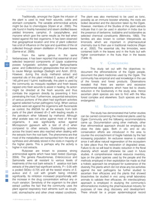 Traditionally, amongst the Ogiek the infusion of
the plant is used to treat fresh wounds, colds and
stomach complaints. The variable antimicrobial activity
might be due to chemotypes (Vijoen et al., 2005). The
oils found in freshly harvested and steam distilled leaves
yielded limonene, camphor, ß- caryophyllene, and
myrcene which give the same results as the leaf when
tested against the test organisms. It has been observed
that geographical location and time of plant collection
has a lot of influence on the type and quantities of the oil
collected through stream distillation of the plant leaves
(Samie et al., 2005).
From the same genus in the same
Verbenaceae, it has been reported that essential oil and
selected terpenoid components of Lippia scaberrima
posses fungastatic activities against Bartyosphaeria
parva and Collectotricum gloespoiodes that are known
to cause Mango spoilage (Sadeghi and Azish, 2013).
However, during this study methanol extract and
essential oils of this plant inhibited S. aureus at MIC of
140 µl/ml and 11µl/ml. traditionally, this plant is used by
the community as mosquito repellant and fresh leaves
rapped onto fresh wounds to assist in healing. Its action
might be directed at the fresh wounds and thus
combats the organism directly by preventing it from
penetrating the host. Furthermore, sequential extractions
of various portions of the plant had significant activities
against selected human pathogenic fungi. When various
extracts were set against the organisms with fluconazole
as control, the ANOVA for all the extracts from both
parts of the plant showed df=2 with leading results in
the petroleum ether followed by methanol. Although
ethyl acetate was not active against most of the test
organisms, it was significantly active against
Microsporum gypseum with a test of df=2 when
compared to other extracts. Outstanding activities
across the board were also reached when dealing with
the extracts from the root bark. The phenomena are that
most of the metabolites are transported from the sites of
synthesis and ultimately stored in the roots in majority of
the higher plants. This is perhaps why the activity is
higher in root extracts.
Rutaceae are known to possess strong
antimicrobial agents which have been tested (Quiroga,
2004). The genera Pseudomonas, Enteroccocus and
Salmonella were all resistant to various levels of
treatments of the root bark extracts T. asiatica root bark
extracts of the plant had significant activity, P< 0.05 with
a pooled StDev=0.725 and all the tested strains of S.
aureus and E. coli with growth being inhibited
significantly. Its inhibition increased proportionally with
the increase in the drug concentration without any or
much variation. Sensitivity of the organism to the plant
extract justifies the fact that the community uses the
plant against respiratory tract ailments such as cough,
cold, stomachache and other chest related conditions.
The plant was also mentioned to be used as tonic,
possibly as an immune booster whereby, the roots are
boiled decanted and the decoction taken by the Ogiek.
However, members of the Studies of the plant extracts
indicate that it can be used in abortion in India due to
the presence of berberine, toddaline and toddanaline as
selected chemical constituents (Mehrotra, 1993). The
families are also known to contain triterpenoids as
limonoids which are important in pharmaceutical
chemistry due to their use in traditional medicine (Rajan
et al., 2002). The essential oils, like limnoides, were
contained both in the leaves and in the fruits but with
higher concentration in the fruits than in the leaves
(Table: 6).
V. Conclusions
This study set out with the objectives to:
document the ethnomedicine of the Ogiek people,
document the plant medicines used by the Ogiek. The
community has empirical and vast knowledge in the use
of the forests and forest products. Observations
revealed that there are wanton and excessive
environmental degradations which have led to drastic
reduction in the biodiversity in the study area. Hence
ascertain plant species are rare to find with the Mau
forest complex and elsewhere. Such species are thus
endangered.
VI. Recommendations
The study has demonstrated that further studies
can be carried concerning the medicinal plants used by
Ogiek Community and the following recommendations
came up. Documentation using other methods, other
than ethnomedical approach should be employed to
close the data gaps. Both in situ and ex situ
conservation efforts are introduced in the area to
counter the encroachment of fragile habitats by the fast
increasing population. An exclusive reserve is created
since it will allow natural regeneration of the ecosystem
to take place thus the restoration of degraded areas.
Failure to do so will lead to drastic reduction in the floral
diversity which would otherwise be used in future
studies. A comprehensive natural resource inventory,
type on the plant species used by the people and the
methods employed in their exploitation be made so that
a holistic approach be employed for sustenance of the
diversity.The plants which did not show any bio-activities
against the test pathogens be further studied to
ascertain their efficacies and the plants that showed
bioactivities be studied in vivo using small laboratory
animals to validate their efficacies. An interdisciplinary
approach is employed in studying the community’s
ethnomedicine involving the pharmaceutical industry for
purposes of new drug discovery and development.
There should be a proper epidemiological record
50
GlobalJournalofScienceFrontierResearchVolumeXIVXIssueersionIVIVYear()2014B
© 2014 Global Journals Inc. (US)
Antibacterial and Antifungal Activities of Essential Oils from Satureia biflora D. Don, Benth, Speng
(Chepsagitiet). Lippia javanica Burm.F. (Labotuet) and Toddalia asiatica (L) Lam. Rutaceae (Chepindoruet)
 