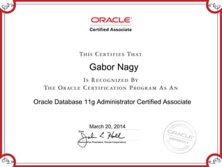 Gabor Nagy
Oracle Database 11g Administrator Certified Associate
March 20, 2014
 