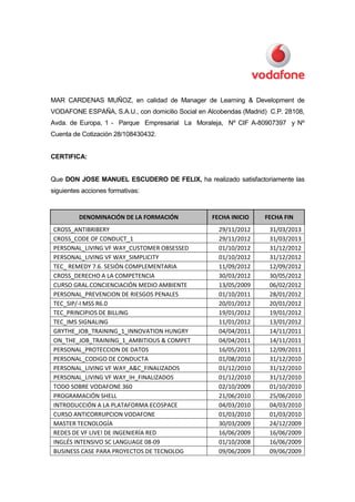 MAR CARDENAS MUÑOZ, en calidad de Manager de Learning & Development de
VODAFONE ESPAÑA, S.A.U., con domicilio Social en Alcobendas (Madrid) C.P. 28108,
Avda. de Europa, 1 - Parque Empresarial La Moraleja, Nº CIF A-80907397 y Nº
Cuenta de Cotización 28/108430432.
CERTIFICA:
Que DON JOSE MANUEL ESCUDERO DE FELIX, ha realizado satisfactoriamente las
siguientes acciones formativas:
DENOMINACIÓN DE LA FORMACIÓN FECHA INICIO FECHA FIN
CROSS_ANTIBRIBERY 29/11/2012 31/03/2013
CROSS_CODE OF CONDUCT_1 29/11/2012 31/03/2013
PERSONAL_LIVING VF WAY_CUSTOMER OBSESSED 01/10/2012 31/12/2012
PERSONAL_LIVING VF WAY_SIMPLICITY 01/10/2012 31/12/2012
TEC_ REMEDY 7.6. SESIÓN COMPLEMENTARIA 11/09/2012 12/09/2012
CROSS_DERECHO A LA COMPETENCIA 30/03/2012 30/05/2012
CURSO GRAL.CONCIENCIACIÓN MEDIO AMBIENTE 13/05/2009 06/02/2012
PERSONAL_PREVENCION DE RIESGOS PENALES 01/10/2011 28/01/2012
TEC_SIP/-I MSS R6.0 20/01/2012 20/01/2012
TEC_PRINCIPIOS DE BILLING 19/01/2012 19/01/2012
TEC_IMS SIGNALING 11/01/2012 13/01/2012
GRYTHE_JOB_TRAINING_1_INNOVATION HUNGRY 04/04/2011 14/11/2011
ON_THE_JOB_TRAINING_1_AMBITIOUS & COMPET 04/04/2011 14/11/2011
PERSONAL_PROTECCION DE DATOS 16/05/2011 12/09/2011
PERSONAL_CODIGO DE CONDUCTA 01/08/2010 31/12/2010
PERSONAL_LIVING VF WAY_A&C_FINALIZADOS 01/12/2010 31/12/2010
PERSONAL_LIVING VF WAY_IH_FINALIZADOS 01/12/2010 31/12/2010
TODO SOBRE VODAFONE 360 02/10/2009 01/10/2010
PROGRAMACIÓN SHELL 21/06/2010 25/06/2010
INTRODUCCIÓN A LA PLATAFORMA ECOSPACE 04/03/2010 04/03/2010
CURSO ANTICORRUPCION VODAFONE 01/03/2010 01/03/2010
MASTER TECNOLOGÍA 30/03/2009 24/12/2009
REDES DE VF LIVE! DE INGENIERÍA RED 16/06/2009 16/06/2009
INGLÉS INTENSIVO SC LANGUAGE 08-09 01/10/2008 16/06/2009
BUSINESS CASE PARA PROYECTOS DE TECNOLOG 09/06/2009 09/06/2009
 