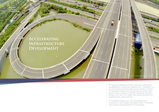 PT Nusantara Infrastructure Tbk is playing an active role in
accelerating the infrastructure development in Indonesia. As
one of the leading private infrastructure company, currently
PT Nusantara Infrastructure Tbk provides services to more
than 85 million customers, 500,000 households, 78 million
vehicles, more than 200 vessels, and connecting millions of
people through communications.
PT Nusantara Infrastructure Tbk owns infrastructure
concessions in both western and eastern parts of Indonesia
which provide sustained growth to the business.
Accelerating
Infrastructure
Development`
Overview
Nusantara
Infrastructure
Jalan Tol Lingkar Baratsatu, Jakarta
 