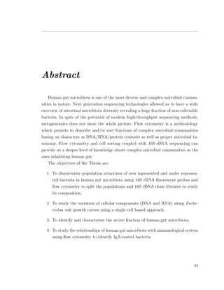 Abstract
Human gut microbiota is one of the most diverse and complex microbial commu-
nities in nature. Next generation sequencing technologies allowed us to have a wide
overview of intestinal microbiota diversity revealing a huge fraction of non-cultivable
bacteria. In spite of the potential of modern high-throughput sequencing methods,
metagenomics does not show the whole picture. Flow cytometry is a methodology
which permits to describe and/or sort fractions of complex microbial communities
basing on characters as DNA/RNA/protein contents as well as proper microbial ta-
xonomy. Flow cytometry and cell sorting coupled with 16S rDNA sequencing can
provide us a deeper level of knowledge about complex microbial communities as the
ones inhabiting human gut.
The objectives of the Thesis are:
1. To characterize population structures of over represented and under represen-
ted bacteria in human gut microbiota using 16S rRNA ﬂuorescent probes and
ﬂow cytometry to split the populations and 16S rDNA clone libraries to study
its composition.
2. To study the variation of cellular components (DNA and RNA) along Esche-
richia coli growth curves using a single cell based approach.
3. To identify and characterize the active fraction of human gut microbiota.
4. To study the relationships of human gut microbiota with immunological system
using ﬂow cytometry to identify IgA-coated bacteria.
xi
 