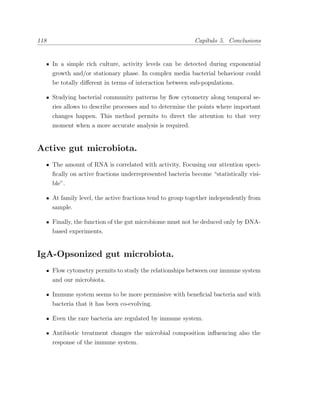 118 Cap´ıtulo 5. Conclusions
In a simple rich culture, activity levels can be detected during exponential
growth and/or stationary phase. In complex media bacterial behaviour could
be totally diﬀerent in terms of interaction between sub-populations.
Studying bacterial community patterns by ﬂow cytometry along temporal se-
ries allows to describe processes and to determine the points where important
changes happen. This method permits to direct the attention to that very
moment when a more accurate analysis is required.
Active gut microbiota.
The amount of RNA is correlated with activity. Focusing our attention speci-
ﬁcally on active fractions underrepresented bacteria become “statistically visi-
ble”.
At family level, the active fractions tend to group together independently from
sample.
Finally, the function of the gut microbiome must not be deduced only by DNA-
based experiments.
IgA-Opsonized gut microbiota.
Flow cytometry permits to study the relationships between our immune system
and our microbiota.
Immune system seems to be more permissive with beneﬁcial bacteria and with
bacteria that it has been co-evolving.
Even the rare bacteria are regulated by immune system.
Antibiotic treatment changes the microbial composition inﬂuencing also the
response of the immune system.
 