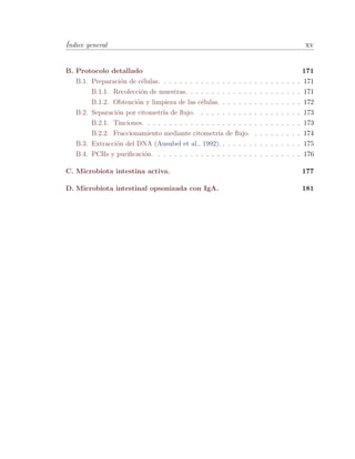 ´Indice general xv
B. Protocolo detallado 171
B.1. Preparaci´on de c´elulas. . . . . . . . . . . . . . . . . . . . . . . . . . . 171
B.1.1. Recolecci´on de muestras. . . . . . . . . . . . . . . . . . . . . . 171
B.1.2. Obtenci´on y limpieza de las c´elulas. . . . . . . . . . . . . . . . 172
B.2. Separaci´on por citometr´ıa de ﬂujo. . . . . . . . . . . . . . . . . . . . 173
B.2.1. Tinciones. . . . . . . . . . . . . . . . . . . . . . . . . . . . . . 173
B.2.2. Fraccionamiento mediante citometr´ıa de ﬂujo. . . . . . . . . . 174
B.3. Extracci´on del DNA (Ausubel et al., 1992). . . . . . . . . . . . . . . . 175
B.4. PCRs y puriﬁcaci´on. . . . . . . . . . . . . . . . . . . . . . . . . . . . 176
C. Microbiota intestina activa. 177
D. Microbiota intestinal opsonizada con IgA. 181
 
