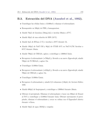 B.3. Extracci´on del DNA (Ausubel et al., 1992). 175
B.3. Extracci´on del DNA (Ausubel et al., 1992).
Centrifugar las c´elulas 5min a 13.000rcf y eliminar el sobrenadante.
Resuspender en 500µL de PBS y homogeneizar.
A˜nadir 70µL de Lisozima (50mg/mL) e incubar 30min a 37¥C.
A˜nadir 30µL de una soluci´on de SDS (10 %).
A˜nadir 8µL de RNasa (1 %) e incubar a 50¥C durante 1h.
A˜nadir 100µL de NaCl 5M y 80µL de CTAB 10 % en NaCl 0,7M. Incubar a
65¥C durante 10min.
A˜nadir 700µL de CHl-IsA, agitar y centrifugar a 13000rcf 2min.
Recuperar el sobrenadante (700µL) y llevarlo a un nuevo Eppendorph, a˜nadir
700µL de P-CHl-IsA y agitar 15s.
Centrifugar 13.000rcf 2min.
Recuperar el sobrenadante (650µL) y llevarlo a un nuevo Eppendorph, a˜nadir
700µL de CHl-IsA y agitar 15s.
Centrifugar 13.000rcf 2min.
Recuperar el sobrenadante y a˜nadir 0,2 volumenes (140µL) de Acetato S´odico
10M.
A˜nadir 600µL de Isopropanol y centrifugar a 13000rcf durante 20min.
Obtener el precipitado. Eliminar el sobrenadante y lavar con 500µL de Etanol
al 70 % y centrifugar a 13.000rcf durante 5min. Obtener nuevamente el preci-
pitado, eliminar el sobrenadante y secar en cabina con el Eppendorf abierto
durante 1hora.
A˜nadir 50µL de agua MilliQ y congelar.
 