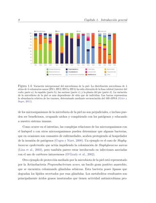 8 Cap´ıtulo 1. Introducci´on general
80
90
100
70
60
50%
40
30
20
10
0
HV1
a Antecubitalfossa b Back c Nare d Plantarheel
HV2 HV3 HV4 HV1 HV2 HV3 HV4 HV1 HV2 HV3 HV4 HV1 HV2 HV3 HV4
Alphaproteobacteria
Betaproteobacteria
Gammaproteobacteria
Propionibacterium
Corynebacterium
UnclassiﬁedActinomycetales
Clostridiales
Lactobacillales
Staphylococcus
Bacteroidales
Flavobacteriales
Other
Figura 1.4: Variaci´on interpersonal del microbioma de la piel. La distribuci´on microbiana de 4
sitios de 4 voluntarios sanos (HV1, HV2, HV3 y HV4) ha sido obtenida de la fosa cubital (interior del
codo; parte a); la espalda (parte b); las narinas (parte c); y la planta del pie (parte d). La variaci´on
de la microbiota de la piel es m´as dependiente de sitio que de individuo. Las barras representan
la abundancia relativa de los taxones, determinado mediante secuenciaci´on del 16S rDNA (Grice y
Segre, 2011).
de los microorganismos de la microbiota de la piel no son perjudiciales, e incluso pue-
den ser beneﬁciosos, ocupando nichos y compitiendo con los pat´ogenos y educando
a nuestro sistema inmune.
Como ocurre en el intestino, las complejas relaciones de los microorganismos con
el hu´esped o con otros microorganismos pueden determinar que algunas bacterias,
que en ocasiones son causantes de enfermedades, acaben protegiendo al hospedador
de la invasi´on de pat´ogenos (Cogen y Nizet, 2008). Un ejemplo es el caso de Staphy-
lococcus epidermidis que act´ua impidiendo la colonizaci´on de Staphylococcus aureus
(Lina et al., 2003), pero tambi´en parece estar involucrado en infecciones asociadas
con el uso de cat´eteres intravenosos (O’Grady et al., 2002).
Otro ejemplo de protecci´on mediado por la microbiota de la piel est´a representado
por la Actinobacteria Propionibacterium acnes, un bacilo gram positivo anaerobio,
que se encuentra colonizando gl´andulas seb´aceas. Esta bacteria posee lipasas que
degradan los l´ıpidos secretados por esas gl´andulas. Los metabolitos resultantes son
principalmente ´acidos grasos insaturados que tienen actividad antimicrobiana pro-
 