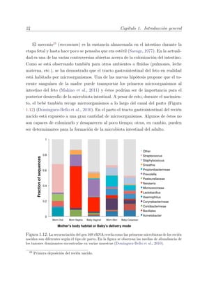 24 Cap´ıtulo 1. Introducci´on general
El meconio23
(meconium) es la sustancia almacenada en el intestino durante la
etapa fetal y hasta hace poco se pensaba que era est´eril (Savage, 1977). En la actuali-
dad es una de las varias controversias abiertas acerca de la colonizaci´on del intestino.
Como se est´a observando tambi´en para otros ambientes o ﬂuidos (pulmones, leche
materna, etc.), se ha demostrado que el tracto gastrointestinal del feto en realidad
est´a habitado por microorganismos. Una de las nuevas hip´otesis propone que el to-
rrente sangu´ıneo de la madre puede transportar los primeros microorganismos al
intestino del feto (Makino et al., 2011) y ´estos podr´ıan ser de importancia para el
posterior desarrollo de la microbiota intestinal. A pesar de esto, durante el nacimien-
to, el beb´e tambi´en recoge microorganismos a lo largo del canal del parto (Figura
1.12) (Dominguez-Bello et al., 2010). En el parto el tracto gastrointestinal del reci´en
nacido est´a expuesto a una gran cantidad de microorganismos. Algunos de ´estos no
son capaces de colonizarlo y desaparecen al poco tiempo; otros, en cambio, pueden
ser determinantes para la formaci´on de la microbiota intestinal del adulto.
Fractionofsequences
Mother's body habitat or Baby's delivery mode
0
0.2
0.4
0.6
0.8
1
Mom-Oral Mom-Vagina Baby-Vaginal Mom-Skin Baby-Cesarean
Other
Streptococcus
Staphylococcus
Sneathia
Propionibacterineae
Prevotella
Pasteurellaceae
Neisseria
Micrococcineae
Lactobacillus
Haemophilus
Corynebacterineae
Coriobacterineae
Bacillales
Acinetobacter
Figura 1.12: La secuenciaci´on del gen 16S rRNA revela como las primeras microbiotas de los reci´en
nacidos son diferentes seg´un el tipo de parto. En la ﬁgura se observan las medias de abundancia de
los taxones dominantes encontradas en varias muestras (Dominguez-Bello et al., 2010).
23
Primera deposici´on del reci´en nacido.
 