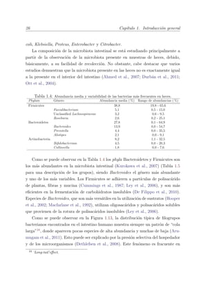 26 Cap´ıtulo 1. Introducci´on general
coli, Klebsiella, Proteus, Enterobacter y Citrobacter.
La composici´on de la microbiota intestinal se est´a estudiando principalmente a
partir de la observaci´on de la microbiota presente en muestras de heces, debido,
b´asicamente, a su facilidad de recolecci´on. No obstante, cabe destacar que varios
estudios demuestran que la microbiota presente en las heces no es exactamente igual
a la presente en el interior del intestino (Ahmed et al., 2007; Durb´an et al., 2011;
Ott et al., 2004).
Tabla 1.4: Abundancia media y variabilidad de las bacterias m´as frecuentes en heces.
Phylum G´enero Abundancia media ( %) Rango de abundancias ( %)
Firmicutes 38,8 19,8 - 65,6
Faecalibacterium 5,1 0,5 - 15,0
Unclassiﬁed Lachnospiraceae 3,2 0,6 - 9,5
Roseburia 2,6 0,2 - 25,1
Bacteroidetes 27,8 0,1 - 64,9
Bacteroides 13,9 0,0 - 54,7
Prevotella 4,4 0,0 - 35,5
Alistipes 2,1 0,0 - 9,1
Actinobacteria 8,2 1,1 - 32,5
Biﬁdobacterium 4,5 0,0 - 20,3
Collinsella 1,8 0,0 - 7,6
Como se puede observar en la Tabla 1.4 los phyla Bacteroidetes y Firmicutes son
los m´as abundantes en la microbiota intestinal (Kurokawa et al., 2007) (Tabla 1.5
para una descripci´on de los grupos), siendo Bacteroides el g´enero m´as abundante
y uno de los m´as variables. Los Firmicutes se adhieren a part´ıculas de polisac´arido
de plantas, ﬁbras y mucina (Cummings et al., 1987; Ley et al., 2006), y son m´as
eﬁcientes en la fermentaci´on de carbohidratos insolubles (De Filippo et al., 2010).
Especies de Bacteroides, que son m´as vers´atiles en la utilizaci´on de sustratos (Hooper
et al., 2002; Macfarlane et al., 1992), utilizan oligosac´aridos y polisac´aridos solubles
que provienen de la rotura de polisac´aridos insolubles (Ley et al., 2006).
Como se puede observar en la Figura 1.13, la distribuci´on t´ıpica de ﬁlogrupos
bacterianos encontrados en el intestino humano muestra siempre un patr´on de “cola
larga”24
, donde aparecen pocas especies de alta abundancia y muchas de baja (Aru-
mugam et al., 2011). Esto puede ser explicado por la presi´on selectiva del hospedador
y de los microorganismos (Dethlefsen et al., 2008). Este fen´omeno es fracuente en
24
‘Long-tail’eﬀect.
 
