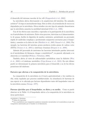 30 Cap´ıtulo 1. Introducci´on general
el desarrollo del sistemas vascular de los villi (Stappenbeck et al., 2002).
La microbiota afecta directamente a la arquitectura del intestino. En animales
ax´enicos28
el ciego es anormalmente largo. Esto se debe a la acumulaci´on de mucus no
degradados por la microbiota. Otros estudios con este tipo de animales demostraron
que la microbiota aumenta la motilidad intestinal (Falk et al., 1998).
Uno de los efectos m´as conocidos y esperados es la participaci´on de la microbiota
en el metabolismo de nutrientes. Entre otros procesos, interviene en el almacenamien-
to de grasas, facilita la digesti´on de muchos nutrientes, permitiendo un procesado
r´apido de mol´eculas complejas y produciendo compuestos necesarios para el hospe-
dador y ausentes en la dieta de ´este (B¨ackhed et al., 2005; Samuel et al., 2008). Por
ejemplo, las bacterias del intestino grueso producen ´acidos grasos de cadena corta
(SCFA) (Younes et al., 2001) y sintetizan vitaminas (Burgess et al., 2009).
Adem´as del procesado de nutrientes las bacterias intestinales pueden intervenir
en el metabolismo de f´armacos, drogas o xenobi´oticos29
, en general, afectando a su
absorci´on y/o toxicidad (Wilson y Nicholson, 2009).
Tambi´en afecta al curso de enfermedades metab´olicas como la diabetes (Wen
et al., 2008) o el s´ındrome metab´olico (Vijay-Kumar et al., 2010). En este ´ultimo
puede ser determinante la primera microbiota para el desarrollo o no de los efectos
perniciosos del s´ındrome.
Factores que afectan a la composici´on de la microbiota.
La composici´on de la microbiota en el tracto gastrointestinal, y los cambios en
ella, est´an regulados por procesos multifactoriales. La abundancia de bacterias de
una especie se ve afectada por factores dependientes tanto del hospedador como de
la microbiota misma (Savage, 1977).
Fuerzas ejercidas por el hospedador, su dieta y su medio. Como se puede
observar en la Tabla 1.6 el hospedador afecta a la composici´on de la microbiota en
´areas particulares.
crecimiento y lisozimas.
28
Libres de bacterias.
29
Los xenobi´oticos son compuestos qu´ımicos raramente encontrados en la naturaleza ya que son
compuestos sintetizados por el hombre en el laboratorio.
 