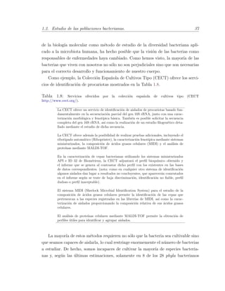 1.2. Estudio de las poblaciones bacterianas. 37
de la biolog´ıa molecular como m´etodo de estudio de la diversidad bacteriana apli-
cado a la microbiota humana, ha hecho posible que la visi´on de las bacterias como
responsables de enfermedades haya cambiado. Como hemos visto, la mayor´ıa de las
bacterias que viven con nosotros no s´olo no son perjudiciales sino que son necesarias
para el correcto desarrollo y funcionamiento de nuestro cuerpo.
Como ejemplo, la Colecci´on Espa˜nola de Cultivos Tipo (CECT) ofrece los servi-
cios de identiﬁcaci´on de procariotas mostrados en la Tabla 1.8.
Tabla 1.8: Servicios ofrecidos por la colecci´on espa˜nola de cultivos tipo (CECT
http://www.cect.org/).
La CECT ofrece un servicio de identiﬁcaci´on de aislados de procariotas basado fun-
damentalmente en la secuenciaci´on parcial del gen 16S rRNA, junto con una carac-
terizaci´on morfol´ogica y fenot´ıpica b´asica. Tambi´en es posible solicitar la secuencia
completa del gen 16S rRNA, as´ı como la realizaci´on de un estudio ﬁlogen´etico deta-
llado mediante el estudio de dicha secuencia.
La CECT ofrece adem´as la posibilidad de realizar pruebas adicionales, incluyendo el
ribotipado autom´atico (Riboprinter), la caracterizaci´on fenot´ıpica mediante sistemas
miniaturizados, la composici´on de ´acidos grasos celulares (MIDI) y el an´alisis de
prote´ınas mediante MALDI-TOF.
En la caracterizaci´on de cepas bacterianas utilizando los sistemas miniaturizados
API e ID 32 de Biom´erieux, la CECT adjuntar´a el perﬁl bioqu´ımico obtenido y
el informe que se genera al contrastar dicho perﬁl con los existentes en las bases
de datos correspondientes. (nota: como en cualquier otro sistema de identiﬁcaci´on
algunos aislados dan lugar a resultados no concluyentes, que aparecer´an comentados
en el informe seg´un se trate de baja discriminaci´on, identiﬁcaci´on no ﬁable, perﬁl
dudoso o perﬁl inaceptable).
El sistema MIDI (Sherlock Microbial Identiﬁcation System) para el estudio de la
composici´on de ´acidos grasos celulares permite la identiﬁcaci´on de las cepas que
pertenezcan a las especies registradas en las librer´ıas de MIDI, as´ı como la carac-
terizaci´on de aislados proporcionando la composici´on relativa de sus ´acidos grasos
celulares.
El an´alisis de prote´ınas celulares mediante MALDI-TOF permite la obtenci´on de
perﬁles ´utiles para identiﬁcar y agrupar aislados.
La mayor´ıa de estos m´etodos requieren no s´olo que la bacteria sea cultivable sino
que seamos capaces de aislarla, lo cual restringe enormemente el n´umero de bacterias
a estudiar. De hecho, somos incapaces de cultivar la mayor´ıa de especies bacteria-
nas y, seg´un las ´ultimas estimaciones, solamente en 8 de los 28 phyla bacterianos
 