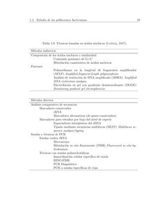 1.2. Estudio de las poblaciones bacterianas. 39
Tabla 1.9: T´ecnicas basadas en ´acidos nucleicos (Ludwig, 2007).
M´etodos indirectos
Composici´on de los ´acidos nucleicos y similaridad
Contenido gen´omico de G+C
Hibridaci´on cuantitativa de ´acidos nucleicos
Patrones
Polimorﬁsmos en la longitud de fragmentos ampliﬁcados
(AFLP) Ampliﬁed fragment-length polymorphism
An´alisis de restricci´on de DNA ampliﬁcado (ADRA) Ampliﬁed
DNA restriction analysis
Electroforesis en gel con gradiente desnaturalizante (DGGE)
Denaturing gradient gel electrophoresis
M´etodos directos
An´alisis comparativo de secuencias
Marcadores conservados
rRNA
Marcadores alternativos (de genes conservados)
Marcadores para estudios por bajo del nivel de especie
Espaciadores interg´enicos del rDNA
Tipado mediante secuencias multilocus (MLST) Multilocus se-
quence analysis/typing
Sondas y t´ecnicas de PCR
Sondas contra rRNA
Microarrays
Hibridaci´on in situ ﬂuorescente (FISH) Fluorescent in situ hy-
bridisation
T´ecnicas con sondas polinucleot´ıdicas
Inmovilizaci´on celular espec´ıﬁca de tax´on
RING-FISH
PCR Diagn´ostico
PCR o sondas espec´ıﬁcas de cepa
 